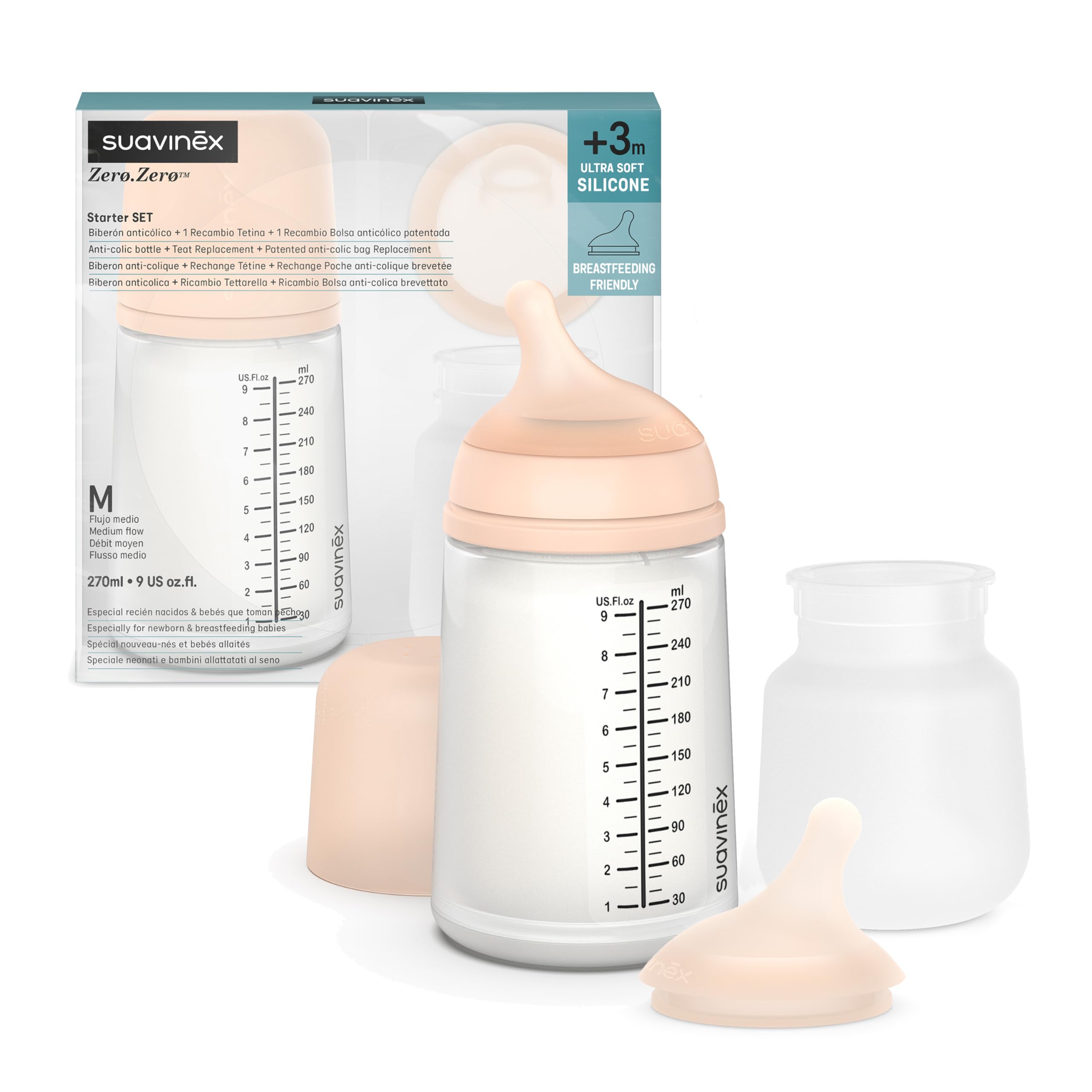 Suavinex, Pack Biberon Zerø.Zerø Débit Moyen. Anti Colique 270 ml avec Tétine, Poche Silicone de Rechange