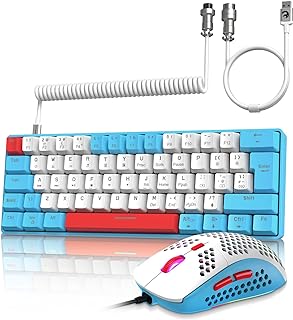 ZIYOU LANG RK-T60 Wired Mechanical Gaming Keyboard and Mouse Combo Mini Portable with Rainbow Backlit 62Key NKRO 6400DPI RGB Honeycomb Mice Coiled Aviator C Cable for PS4/PC/WIN Gamer(Blue/Red Switch)