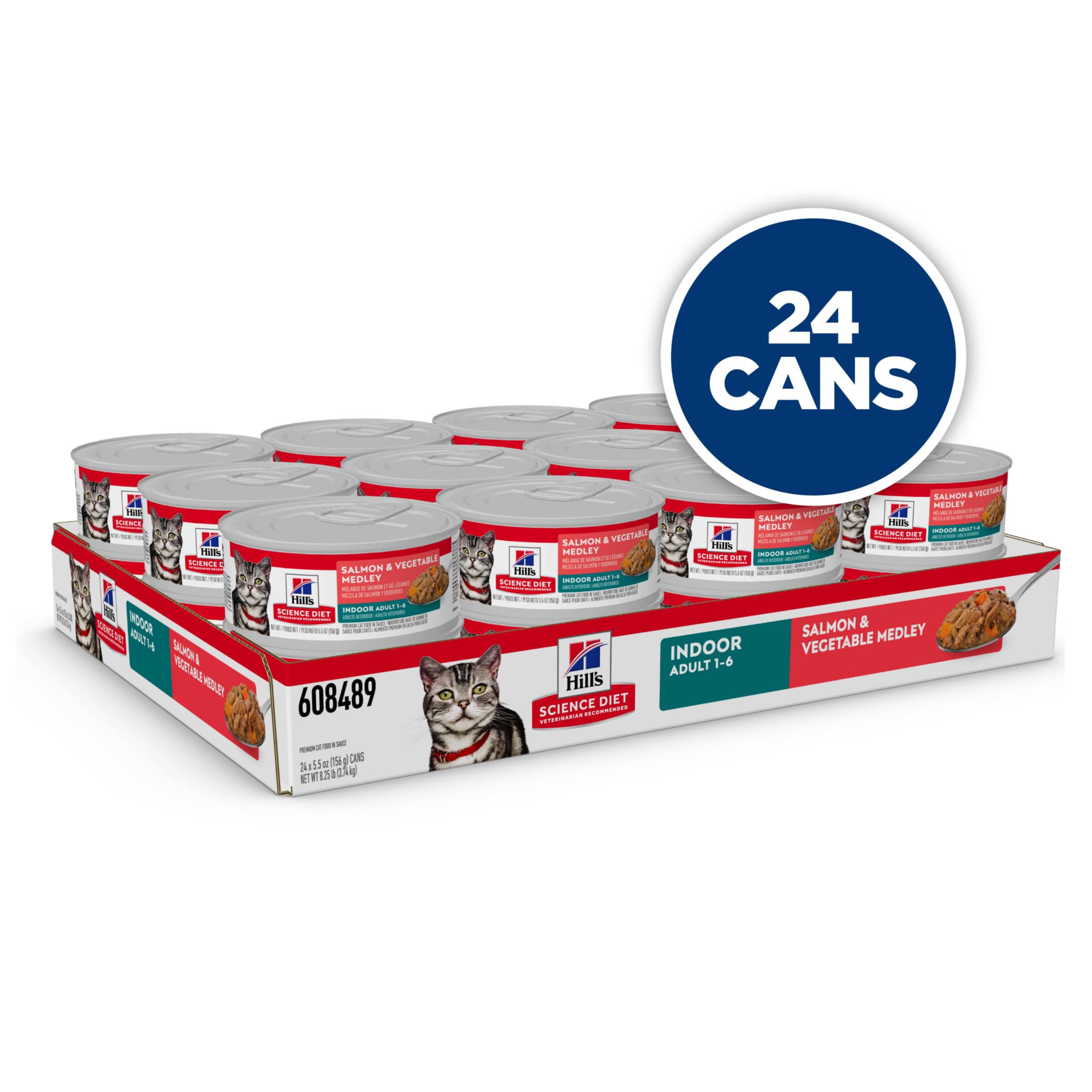 ((05/2026)) Hill's Science Diet Indoor, Adult 1-6, Easy Litter Box Cleanup, Wet Cat Food, Salmon & Vegetables Stew, 5.5 oz Can, Case of 24