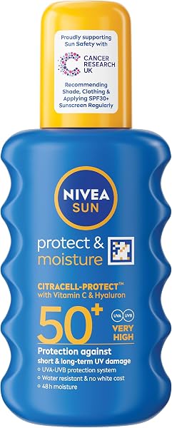 NIVEA SUN Protect & Moisture Sun Spray SPF 50+ (200ml), Moisturising Suncream Spray with Vitamin C and Hyaluron, Immediate UVA/UVB Protection, Fast-Absorbing No White Cast Formula - 1