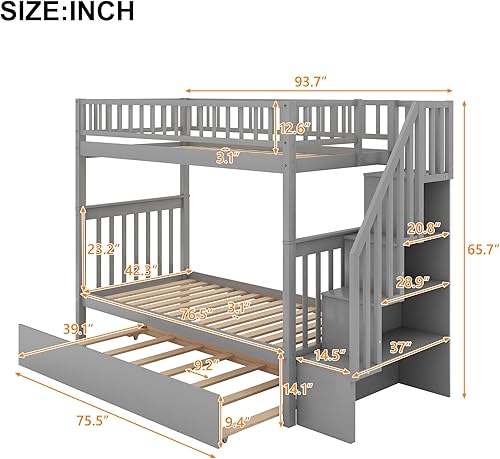 Miniatura 131 de Merax Litera de escalera individual sobre matrimonial con nido, escalera de almacenamiento y barandilla de longitud completa, litera de