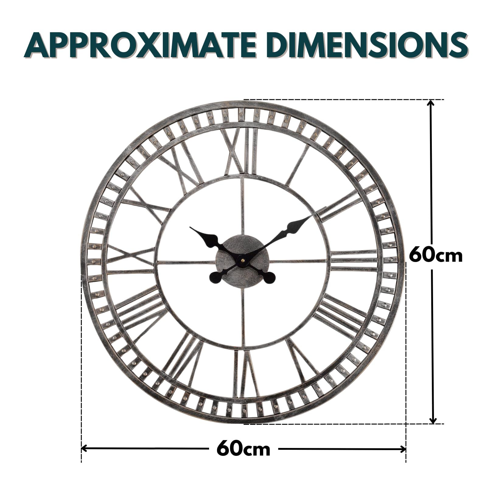 Garden Mile Horloge murale à chiffres romains ouverts de 60 cm pour extérieur/intérieur et extérieur - Étanche - Pour salon, cuisine, jardin