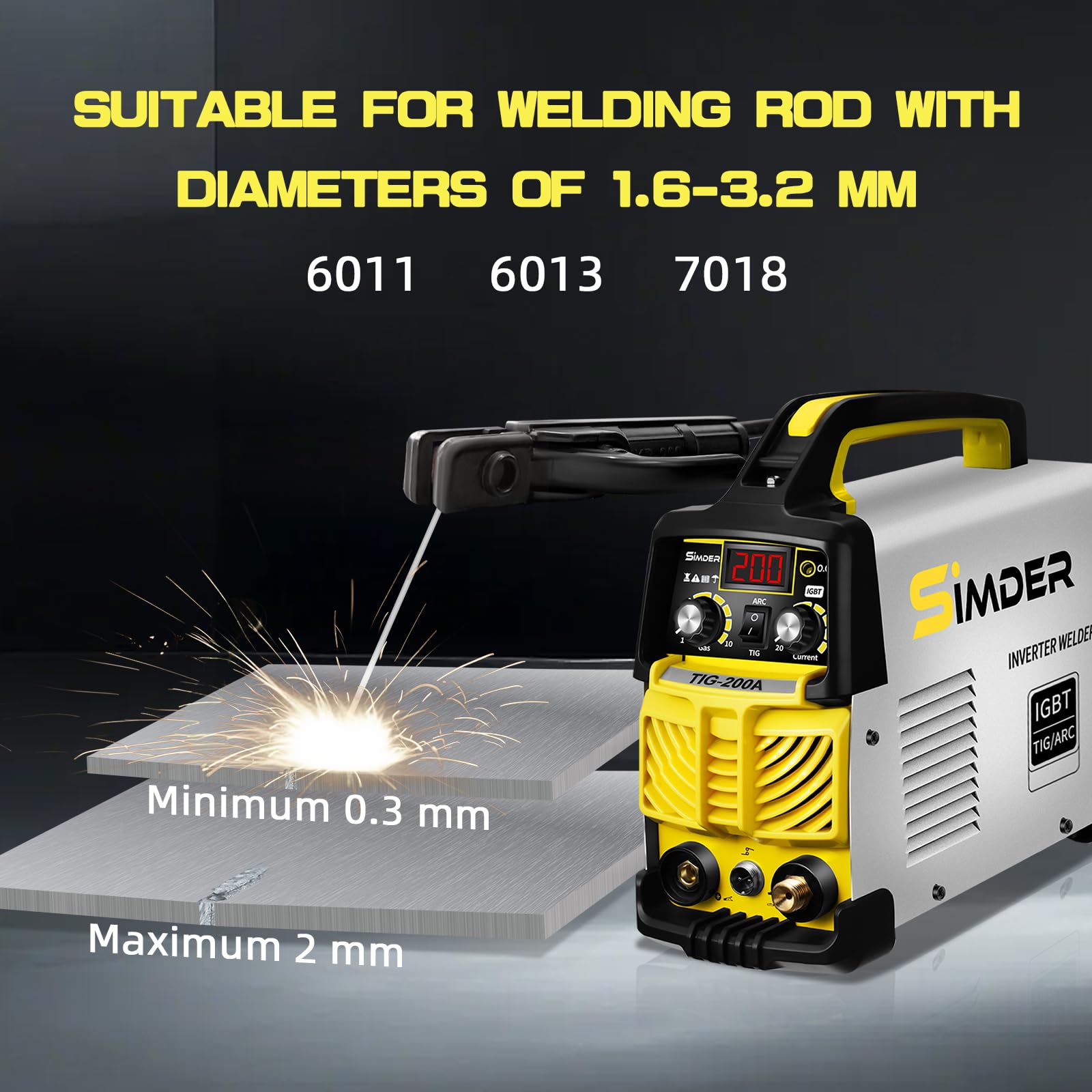 SSIMDER Tig Welder TIG-200 220 V TIG Stick 2 in 1 Saldatrice MMA Saldatrice ad arco DC IGBT Inverter TIG Saldatrice Saldatrice per la fabbricazione di metalli/Automotive/DIY/Officine