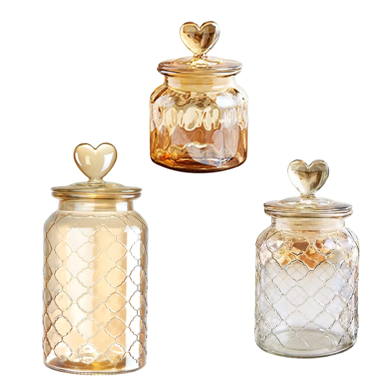 Kalttoy Of 3 Multi Purpose Glass Container with Embossing and Heart Shaped Lids Storage Solution for Candy Multipurpose Jar
