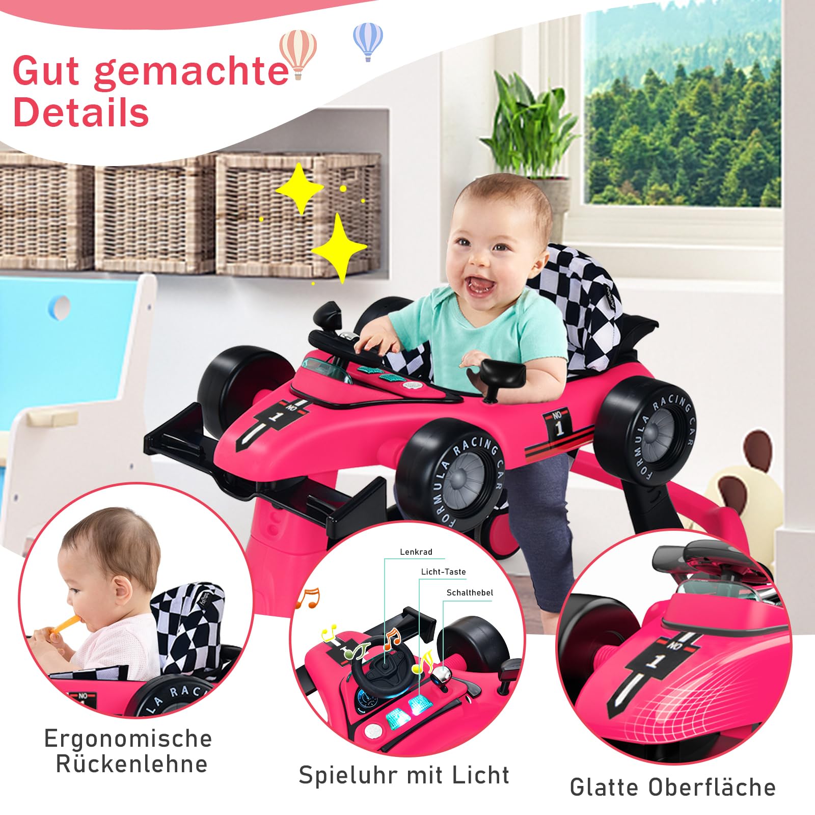 GOPLUS Pomoc w nauce chodzenia dla niemowląt 4 w 1, wózek do nauki chodzenia z regulacją wysokości, z oświetleniem i muzyką, kształt samochodu Baby Walker z regulowaną prędkością, bez chodzenia dla