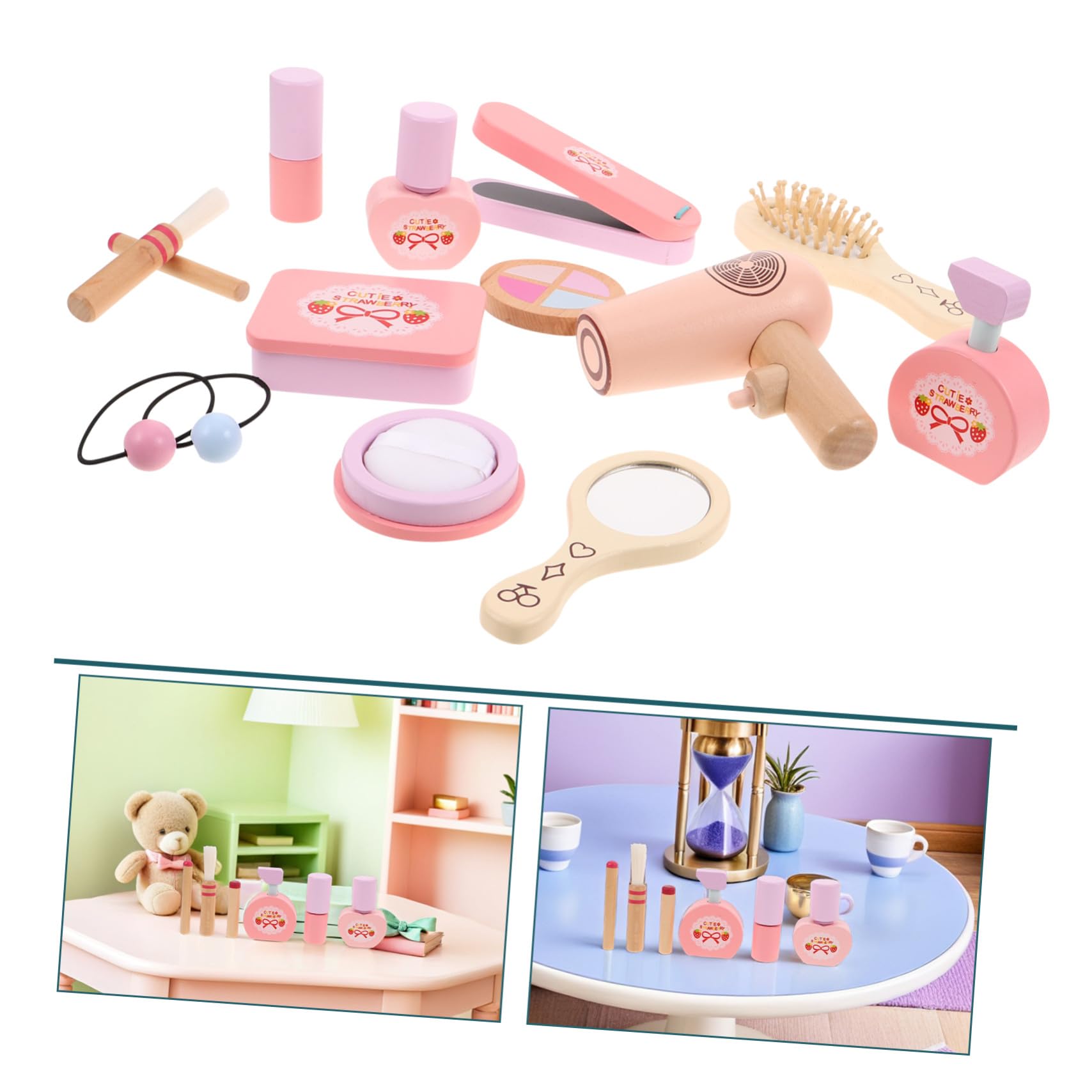 Vaguelly Set di Trucchi in Legno per Ragazzo Ragazza Design Principessa Rosa, Gioco Creativo per Trucco del Rapporto Genitore-figlio, per Gioco di Finzione
