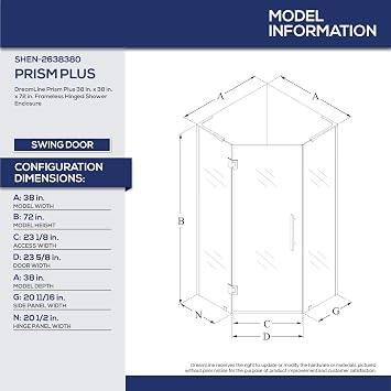DreamLine Prism Plus 38 in. x 72 in. Frameless Neo-Angle Hinged Shower Enclosure in Brushed Nickel, SHEN-2638380-04