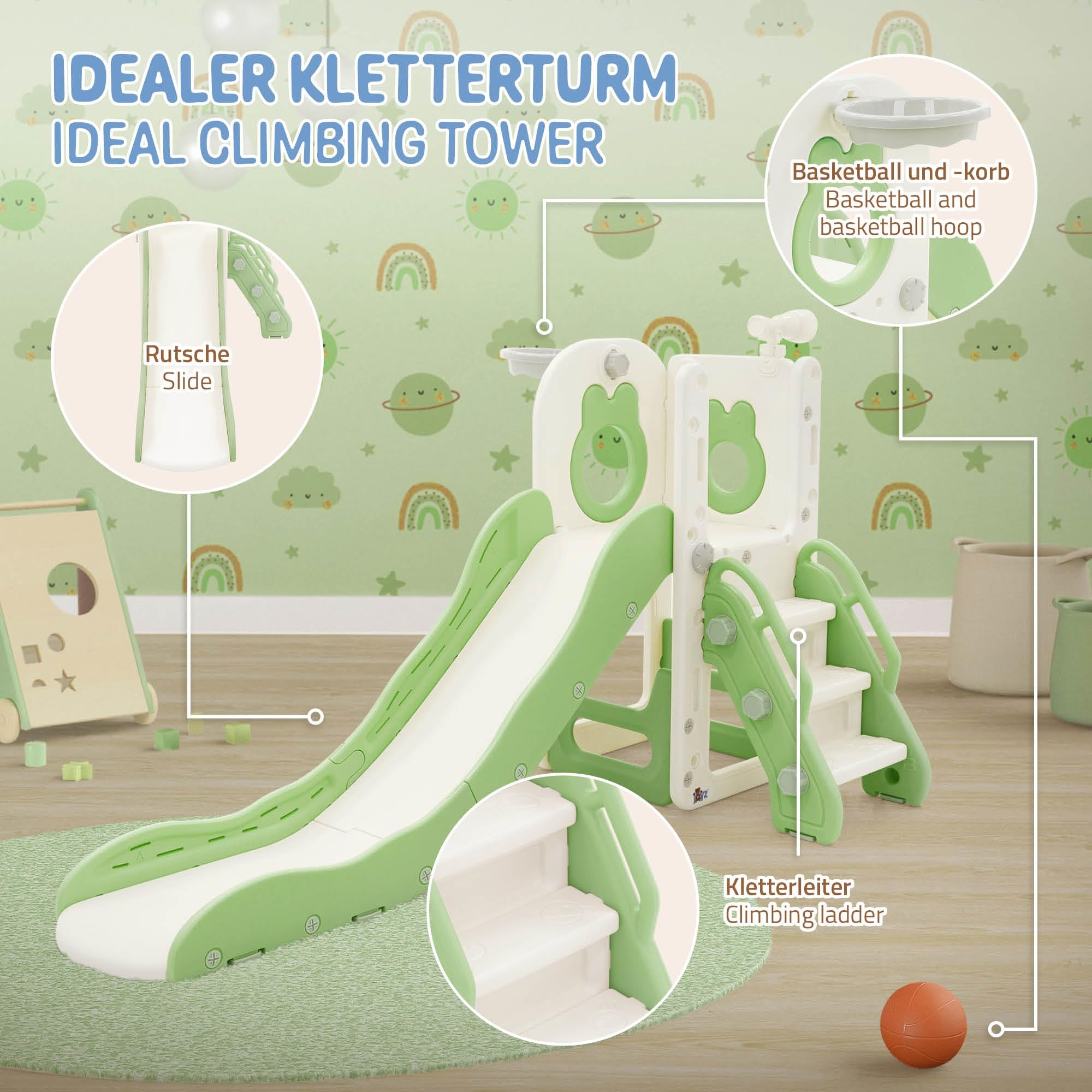 Joyz Tobogán Infantil 3en1 con Refuerzo Antideslizante Plástico Blanco-Verde Juego de Torre con Canasta de Baloncesto Balón y Bomba de Aire Parque de Interior y Exterior para Niños a Partir de 3 Años