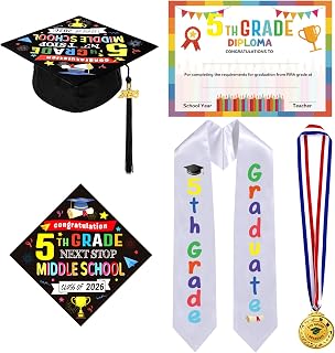 4Pcs 5th Graduation Decorations 2026, 5th Grade Graduation Stole Sash, Cap, Medal, Certificate Set, Elementary Grad Party Accessories for Boy Girl Gifts Supplies, Next Stop Middle School