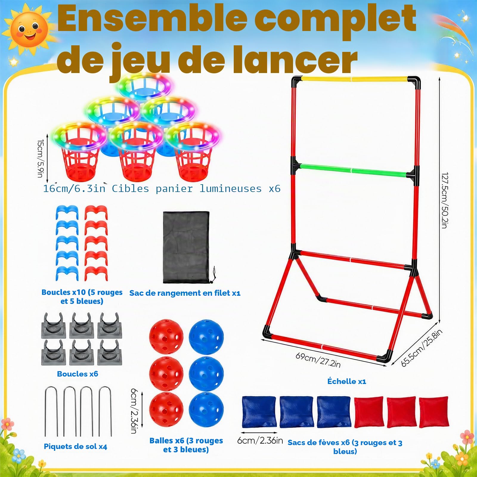 Jeux Jardin, Garden Pong 3-en-1 avec 6 Paniers Lumineux 6 Balles Garden Pong 6 Sacs Lancer Jeu Lancer Jeu Sportif pour Intérieur et Extérieur pour Les Réunions Famille