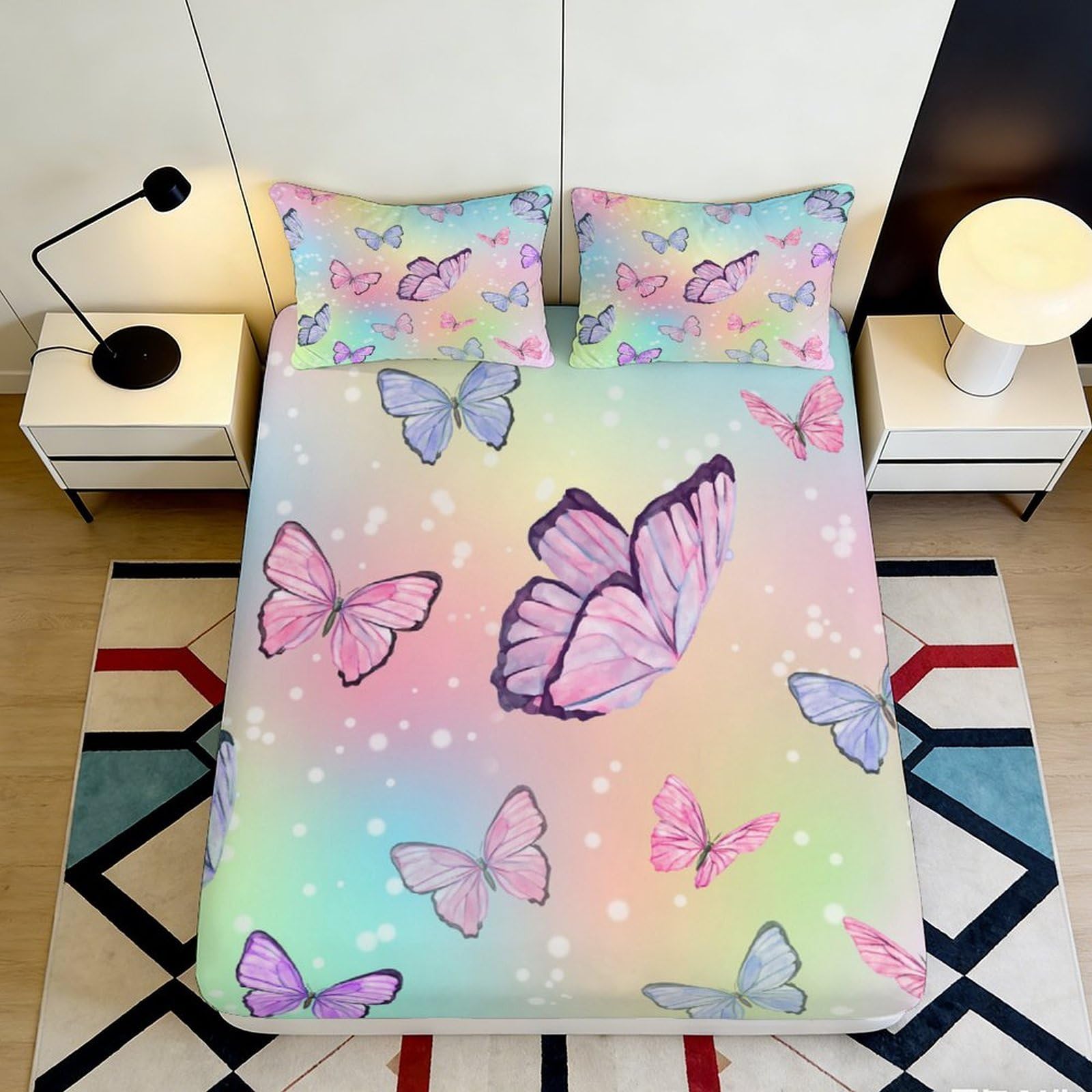 3D Printed Butterfly Pattern Fitted Sheet Microfiber Soft Breathable Pastel Gradient Bed Cover for Bedroom Dormitory Guest Room Mattress Protection 180x200x25cm