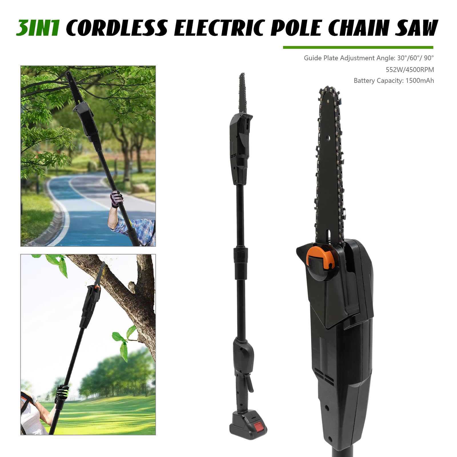 Batería podadora de hasta 1,25 m, 552 W, motor sin escobillas, 4500 rpm, 1200 m/min, sierra de podar profesional con batería de litio de 1500 mAh para cortar y podar ramas