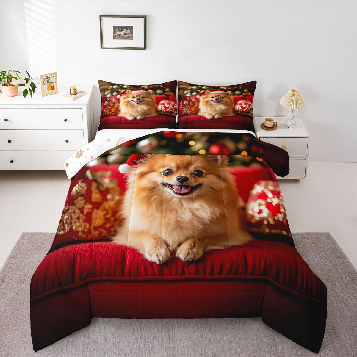 Erosebridal Christmas Dog Bedding Twin,Cute Pomeranian Dog Comforter Set Xmas Gifts for Pet Lovers Bed Sets Kawaii Animal Print Duvet Insert 2 Pieces
