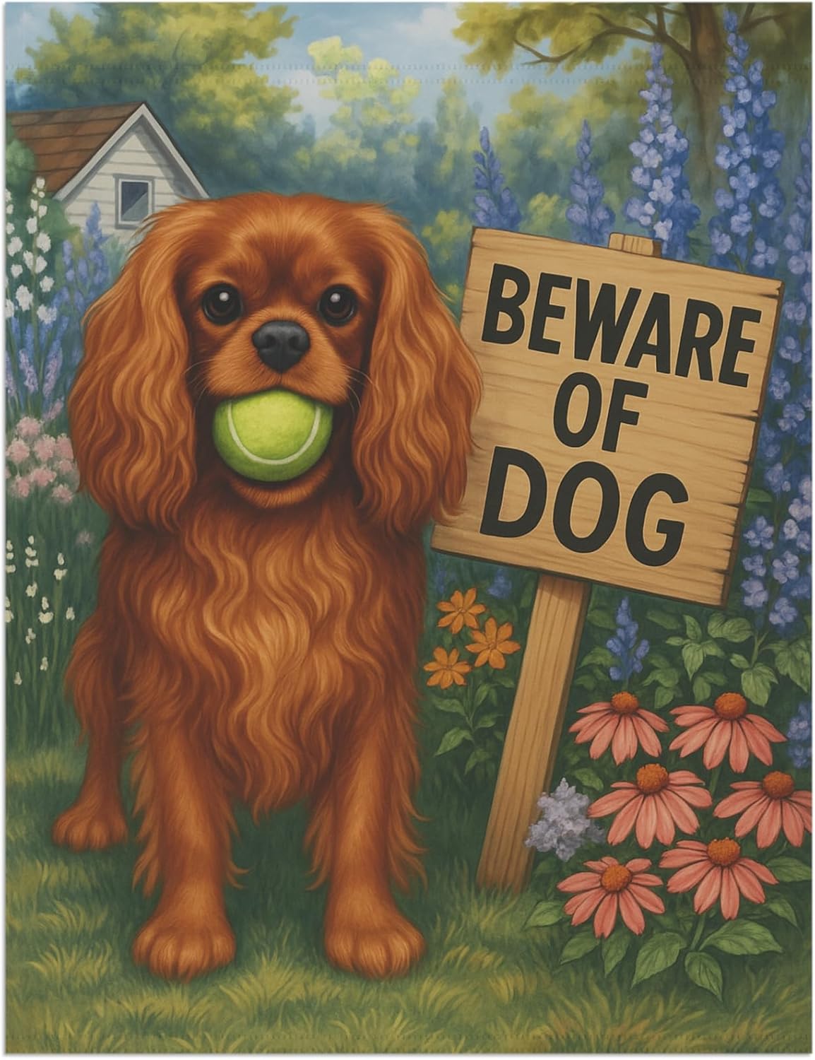 PUDDINFLAGS Funny Ruby Cavalier King Charles Spaniel Garden Flag, Beware Dog Front Yard Outdoor Spring Housewarming Welcome