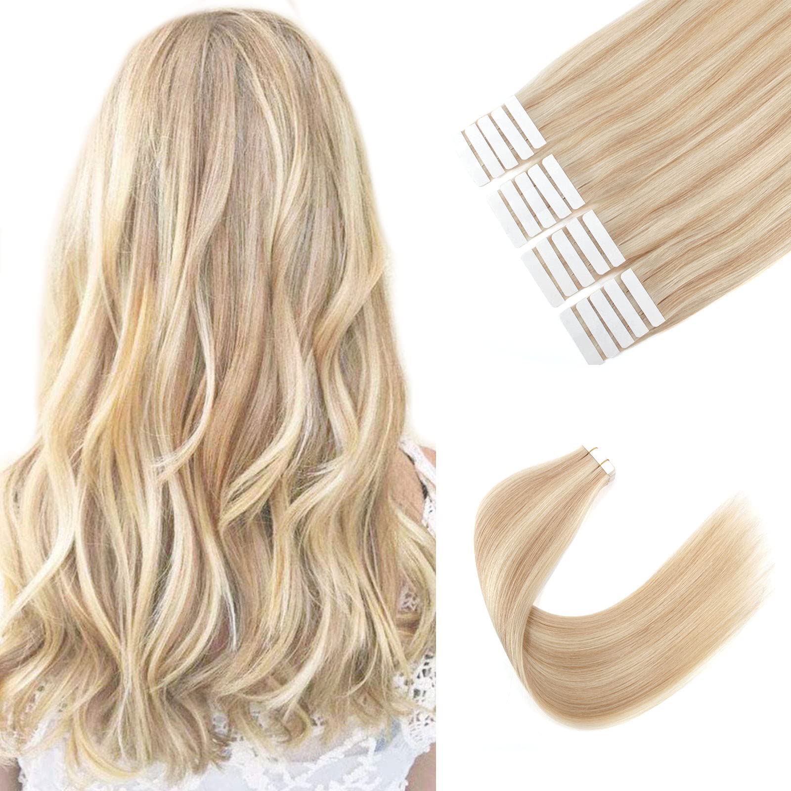 Sixstarhair Highlight Blonde Tape in Hair Extensions Human Hair Tape Extensions Dark Dirty Blonde Mixed with Ash Blonde P12-60 Remy Human Hair Premium