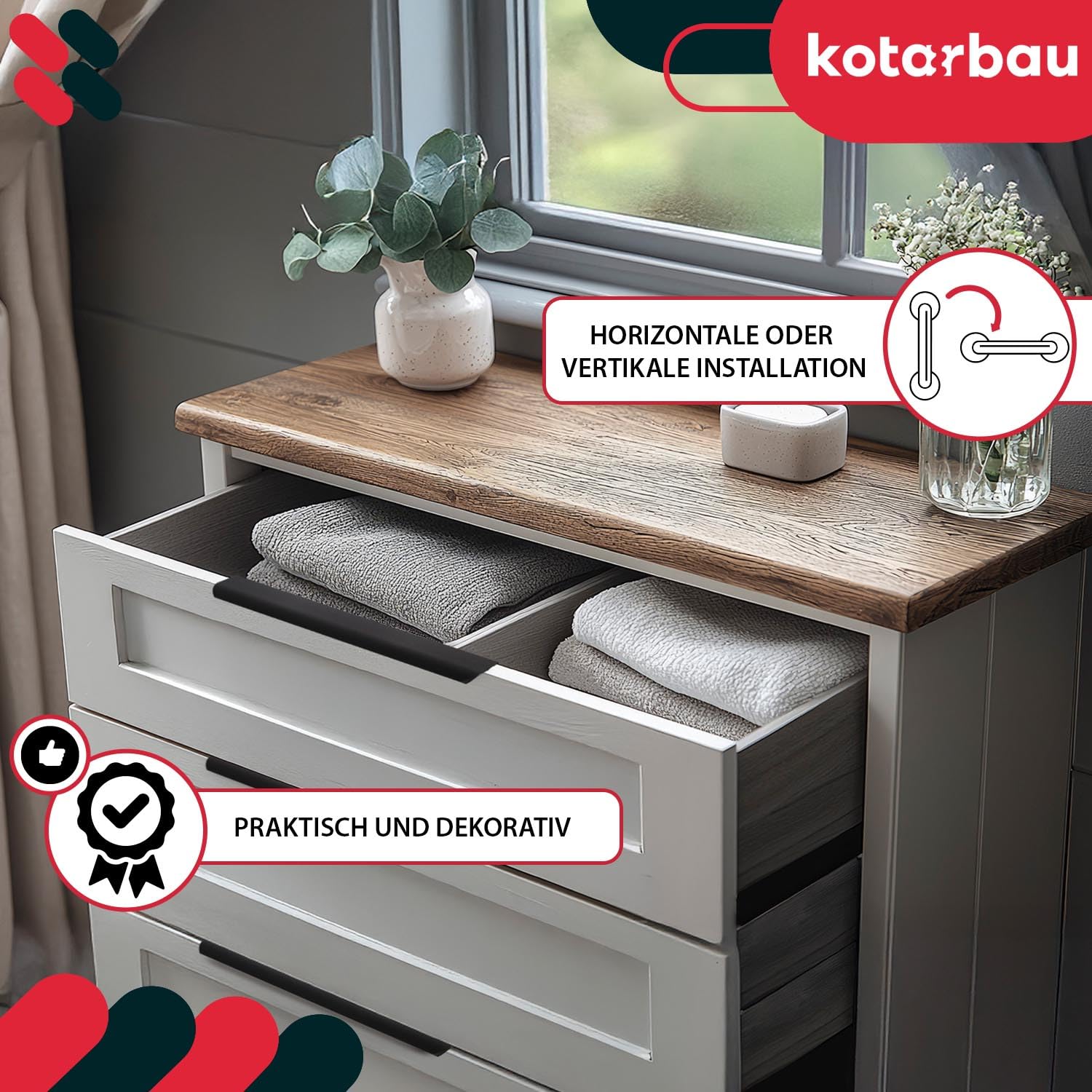 KOTARBAU ZnAl - Set di 6 maniglie per mobili, 340 mm, nero opaco, maniglie a vite posteriori, maniglie per cassetti, cucina, moderno