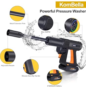 KomBella Akülü Basınçlı Yıkama Makinesi, 462PSI Basınçlı Yıkama Tabancası, 1.1GPM, 24V Şarj Edilebilir 2.0Ah Pil, Yüksek Basınçlı Elektrikli Yıkama, Temizleme ve Sulama için 2 Değiştirilebilir Nozul