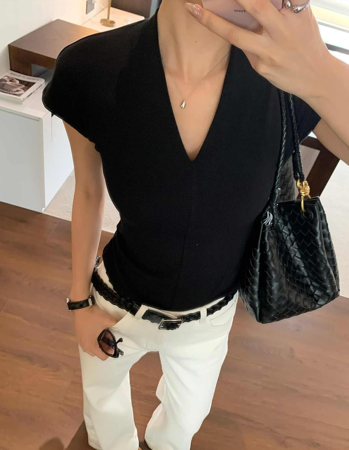 Trendy Women Ribbed Top V-Neck Short Sleeve Lightweight Tight Work Pullover Petite Black S - Image 5