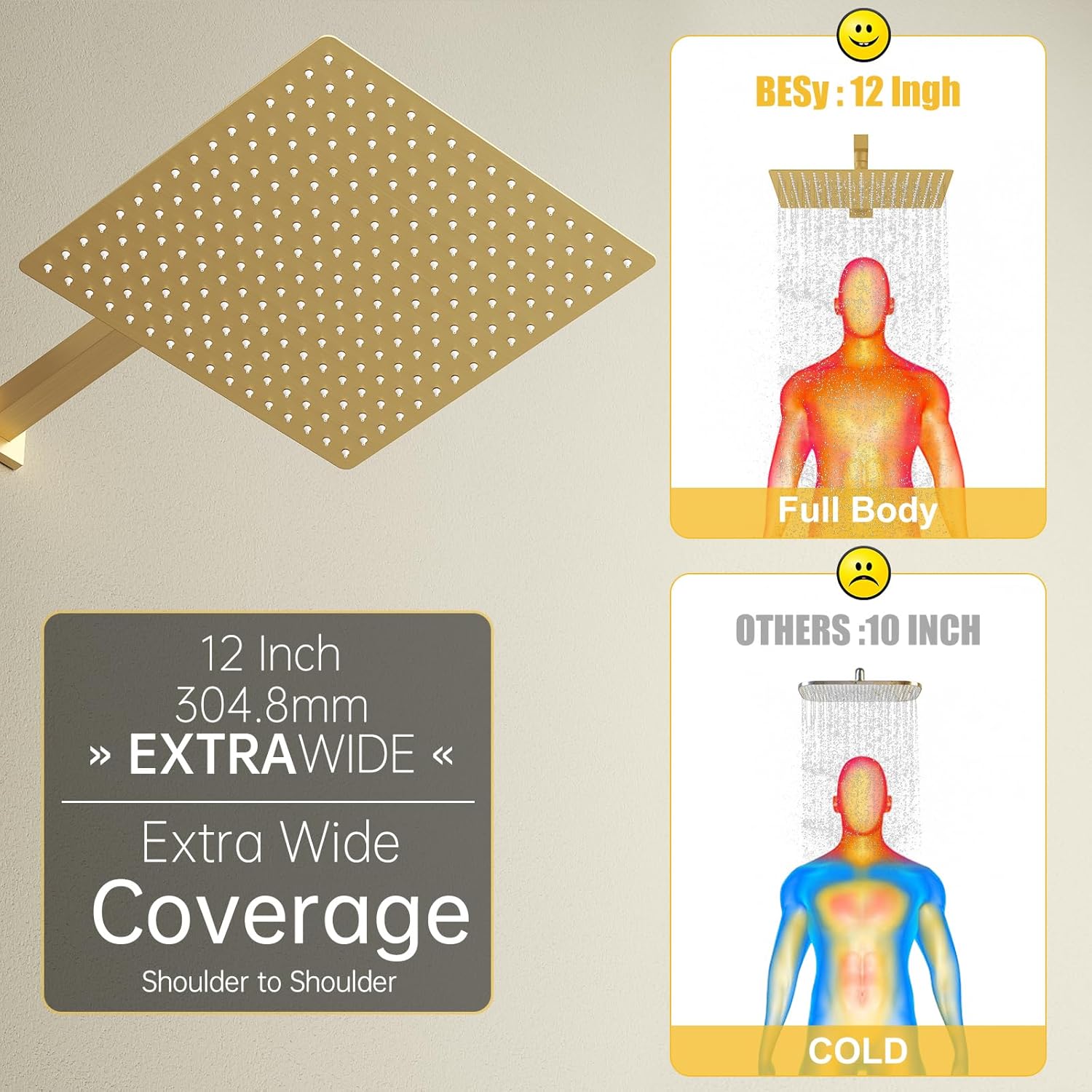 BESy Shower System with 12 Inch Rain Shower Head and Handheld Wall Mounted, High Pressure Rainfall Shower Faucet Fixture Combo Set with 2 in 1 Handheld Showerhead for Bathroom, Brushed Gold