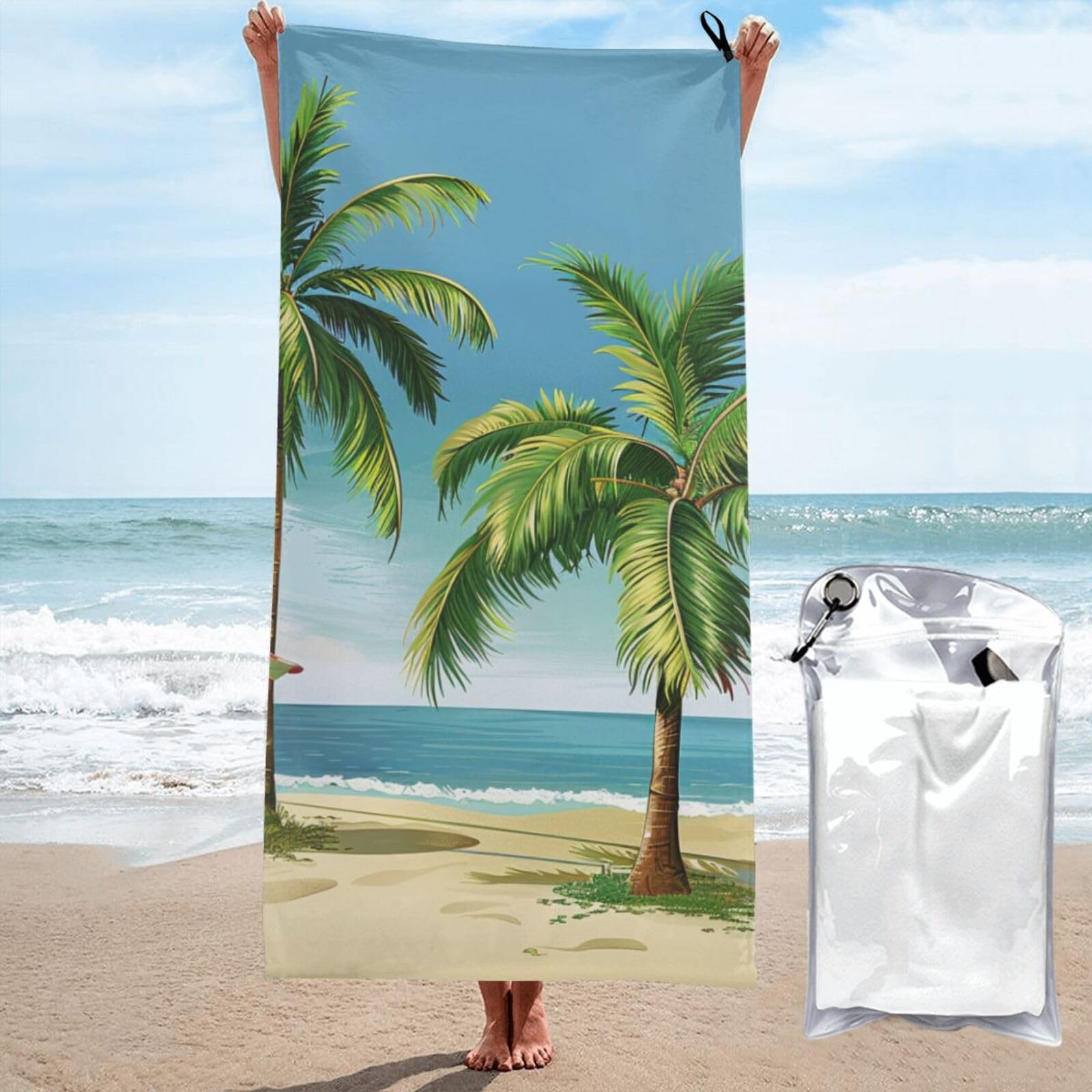 kkvhhyuo Microfiber Beach Towel, Tropical Palm Tree Printed Lightweight Quick Dry Travel Bath Sheet with Compact Carry Bag for Swimming Yoga Camping Gym,31.5"x63"