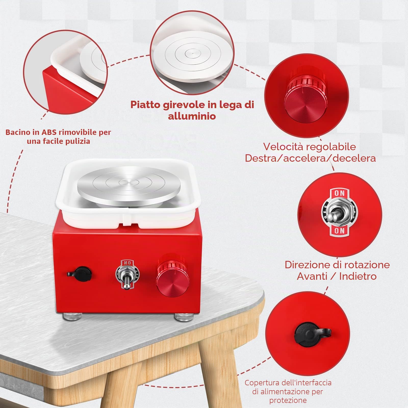 Tornio per ceramica,2000 Giri/min Tornio per Argilla con Strumenti di Modellatura e Vasca Rimovibile,Tornio Ceramica con Piastre da 10/6,5 cm per Bambini e Adulti Strumenti Artigianali Fa（Rosso)
