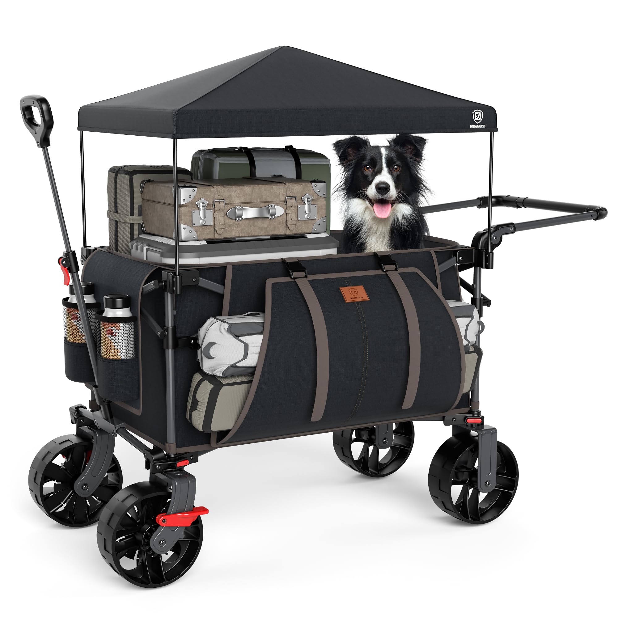 EVER ADVANCED Carrito de Festival de 228 L con Ruedas con toldo extraíble, Carrito de Camping Resistente de 150 kg, Carrito de Playa de Empuje y tracción con 3 Bolsillos Grandes, Negro