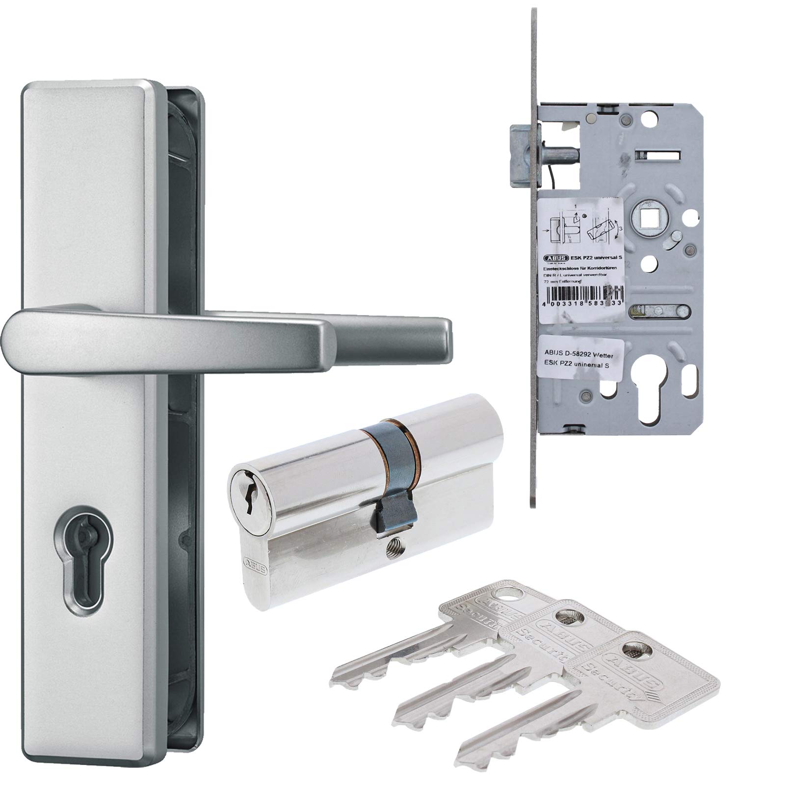 ABUS Kit de ferrures de porte avec garniture de protection DR/DR Argent Serrure à encastrer Cylindre de porte A93 30/30 mm avec 3 clés comme équipement de base pour porte d'entrée d'appartement