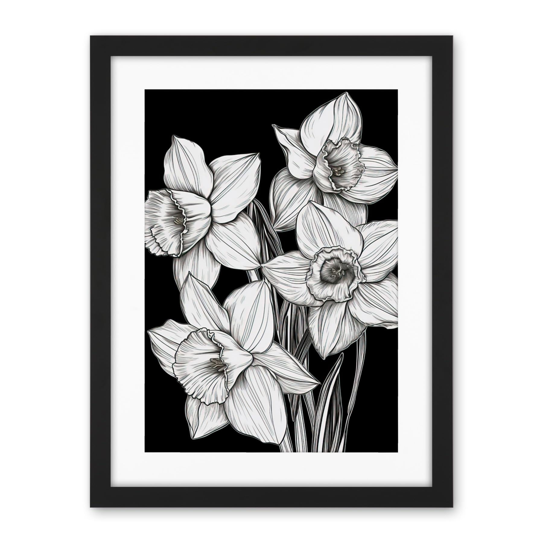 Artery8 Daffodil Wildflower Plant Blooms Black and White Artwork Framed Wall Art Print 18X24 Inch