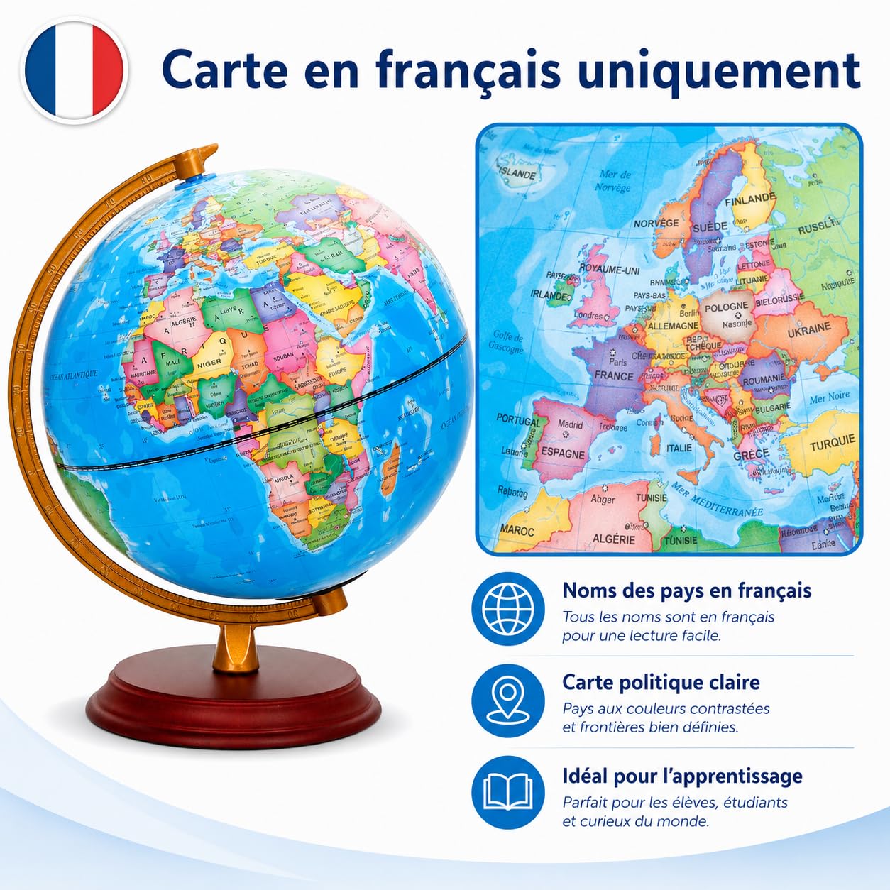 EXERZ Globe Lumineux 20 cm Français Carte & Constellations LED | Carte française, support bois, ciel étoilé LED et câble USB inclus pour bureau, maison ou cadeau éducatif.