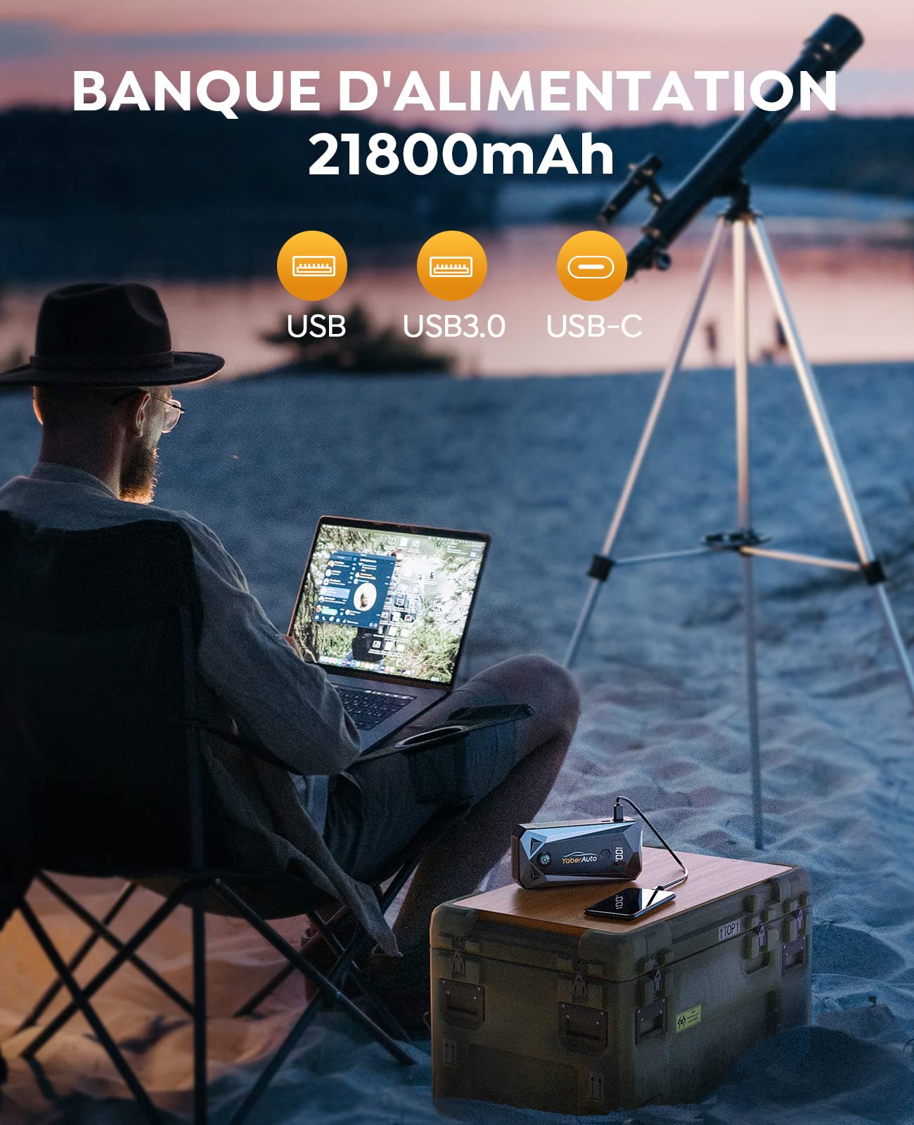 YaberAuto Arrancador de Coches,21800mAh 2500A Arrancador de Baterias de Coche (para Todo Gasolina o 7,0L Diesel),con Dos Salidas USB,Linterna LED