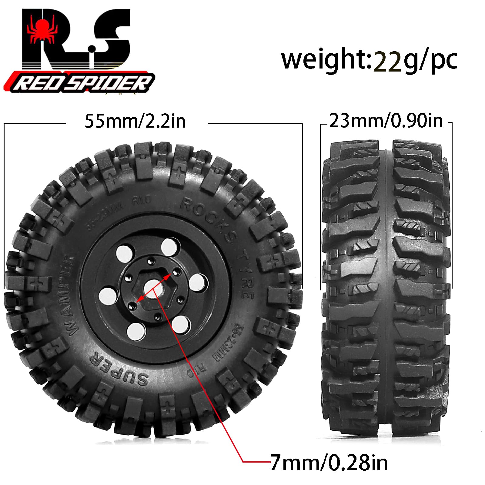 REDSPIDER Aluminum 1.0 Beadlock Wheels and Tires?4pcs? 1.0 Crawler Tires 55 * 23mm 1.0 Wheel and 1/18 1/24 RC Crawler Tires for SCX24 TRX4M FMS FCX24 FCX18 AX24 ? (Black(Circular Hole))