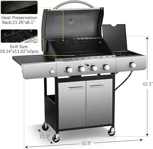 Miniatura 2 de R.W.FLAME Parrilla de gas propano de 34,000 BTU con 3 quemadores, parrilla de barbacoa con quemador lateral y rejillas de hierro fundido, parrilla