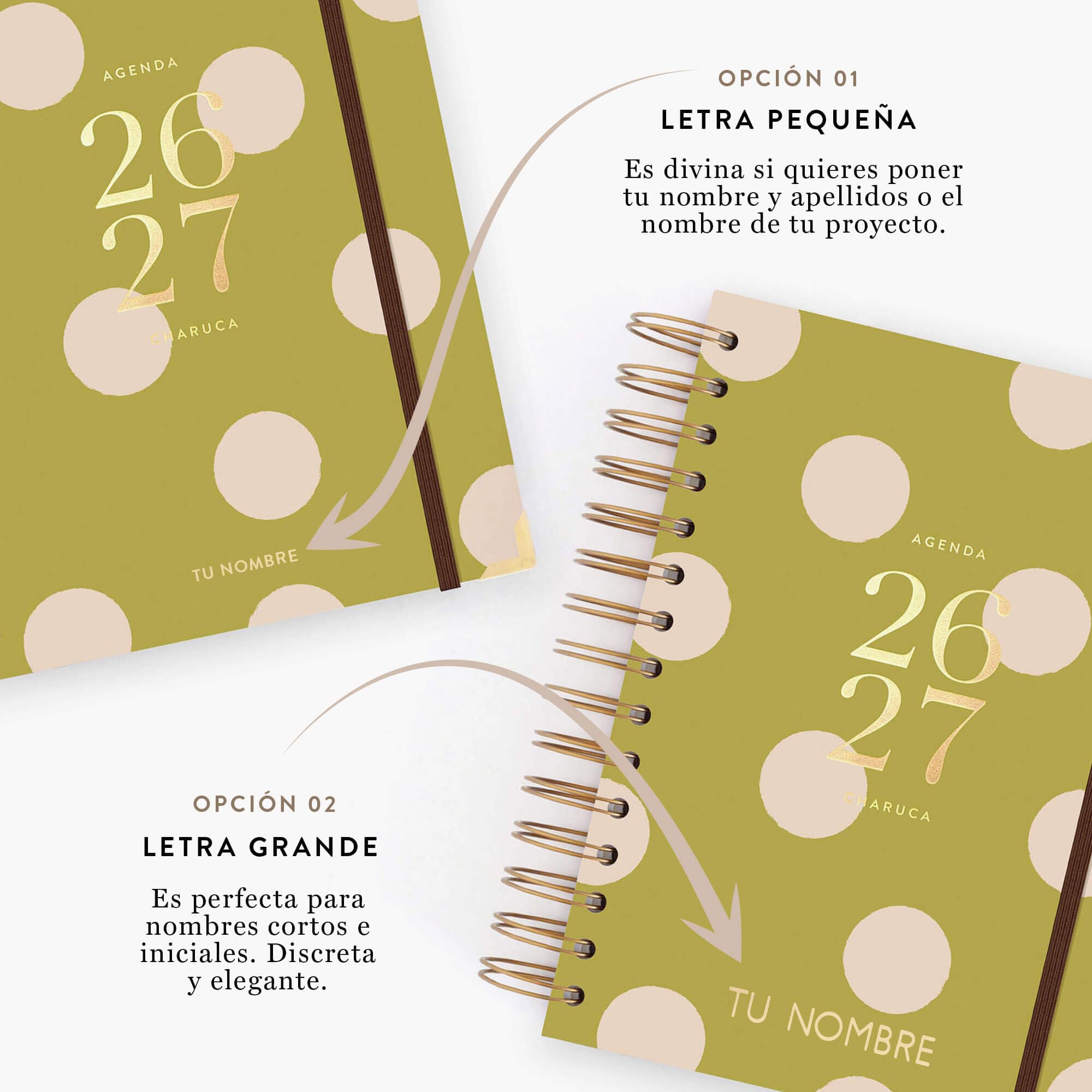 Charuca Kalender 26-27, akademischer Tagesansicht, fester Einband mit goldenen Details, mittelgroß, inklusive Stofftasche und Lesezeichen, hergestellt in Spanien (Pistacho Dreams)