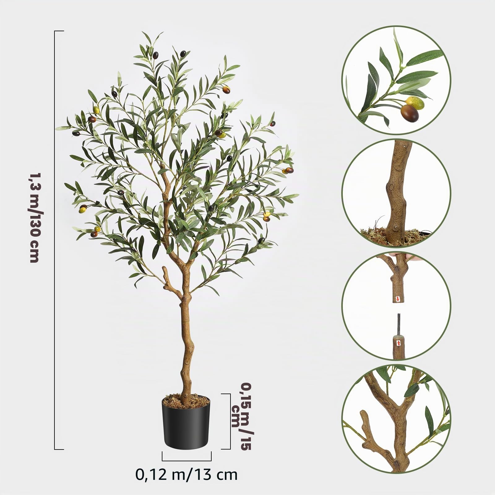Künstlicher Olivenbaum – Realistische Kunstpflanze mit gebogenem Stamm, 120cm Pflanzen im Topf für Wohnzimmer, Büro, Innenbereich – Elegante Dekoration