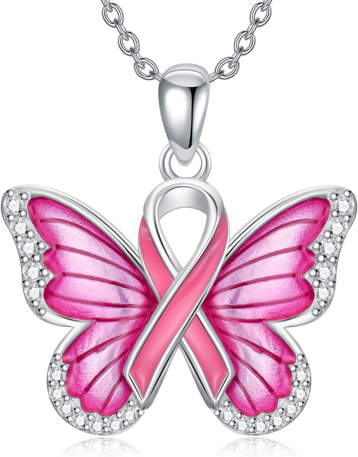Breast Cancer Awareness Necklace 925 Sterling Silver Butterfly/Dragonfly Pink Ribbon Pendant Breast Cancer Survivor Jewelry Gift for Women