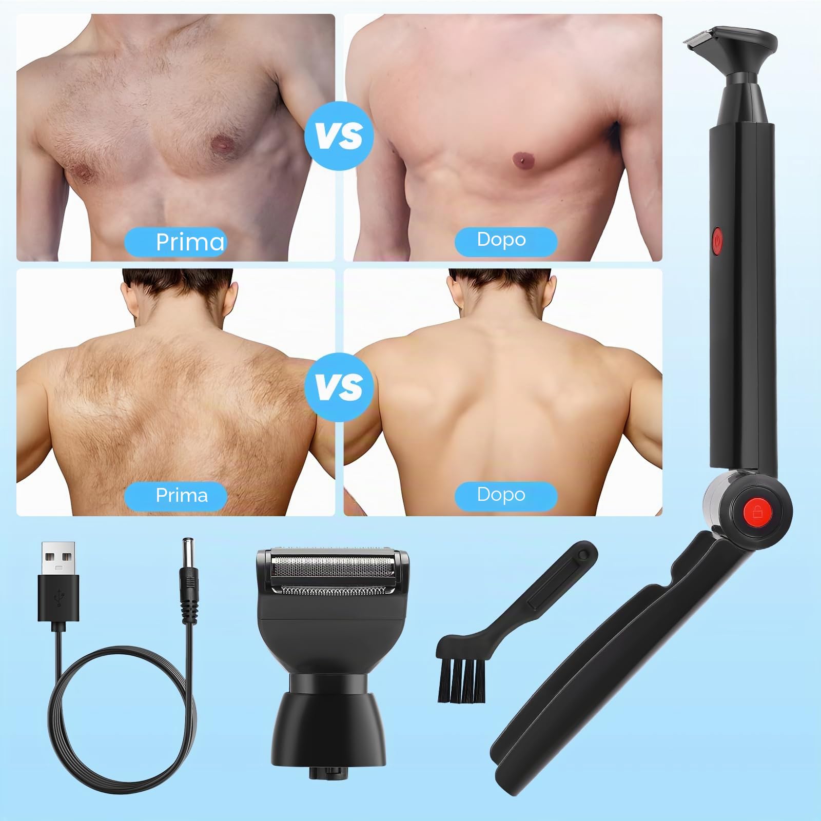 Rasoio elettrico per la schiena da uomo, con 2 testine di rasatura rimovibili e allungamento del braccio ergonomico, pieghevole, per la cura della schiena, del viso, del petto e delle spalle