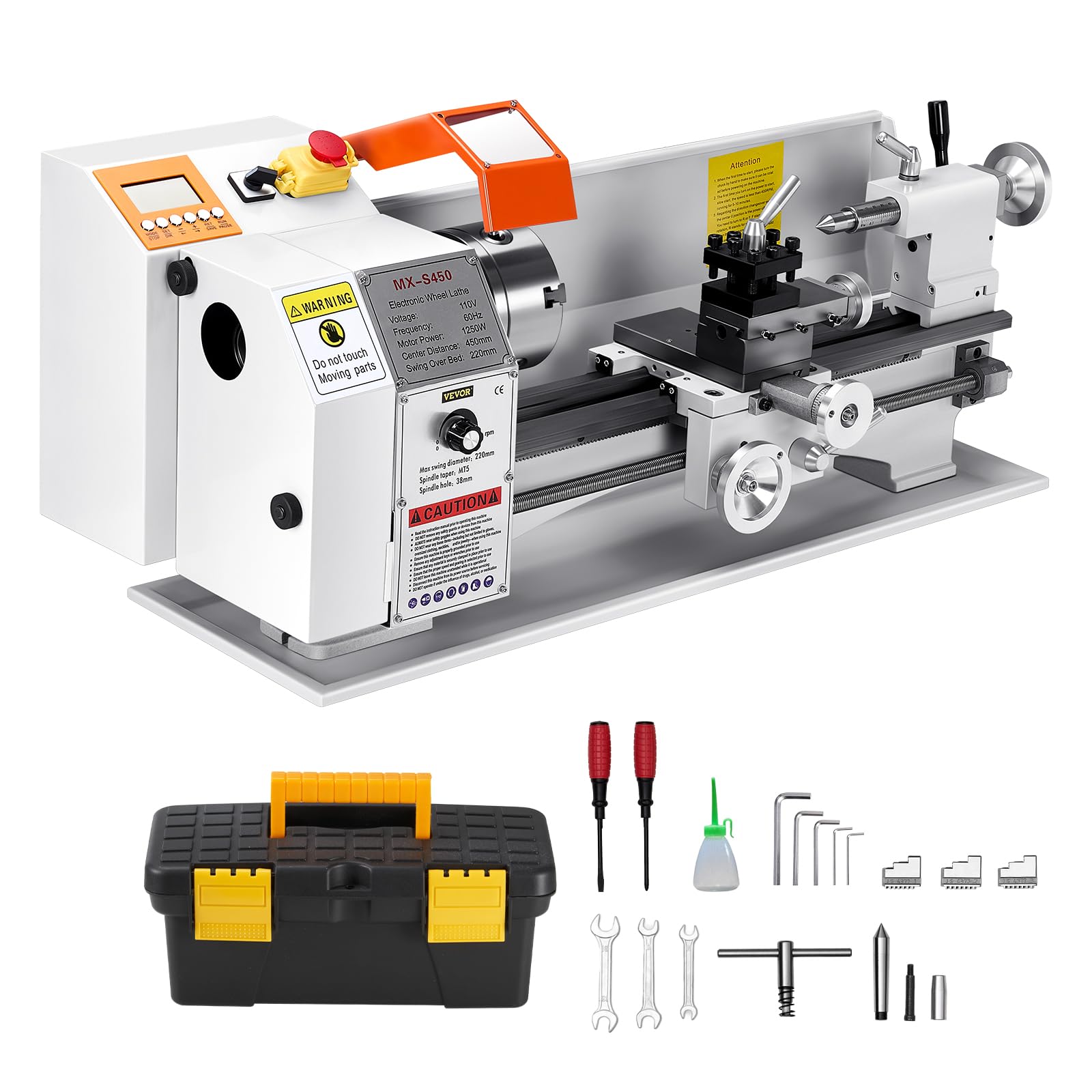 VEVOR Metalldrehmaschine 220x450 mm Tischdrehmaschine Automatischer Vorschub 2500 U/min Drehzahl 1250 W Bürstenloser Motor, mit Zubehör, Drehmaschine für die Bearbeitung von Präzisionsteilen