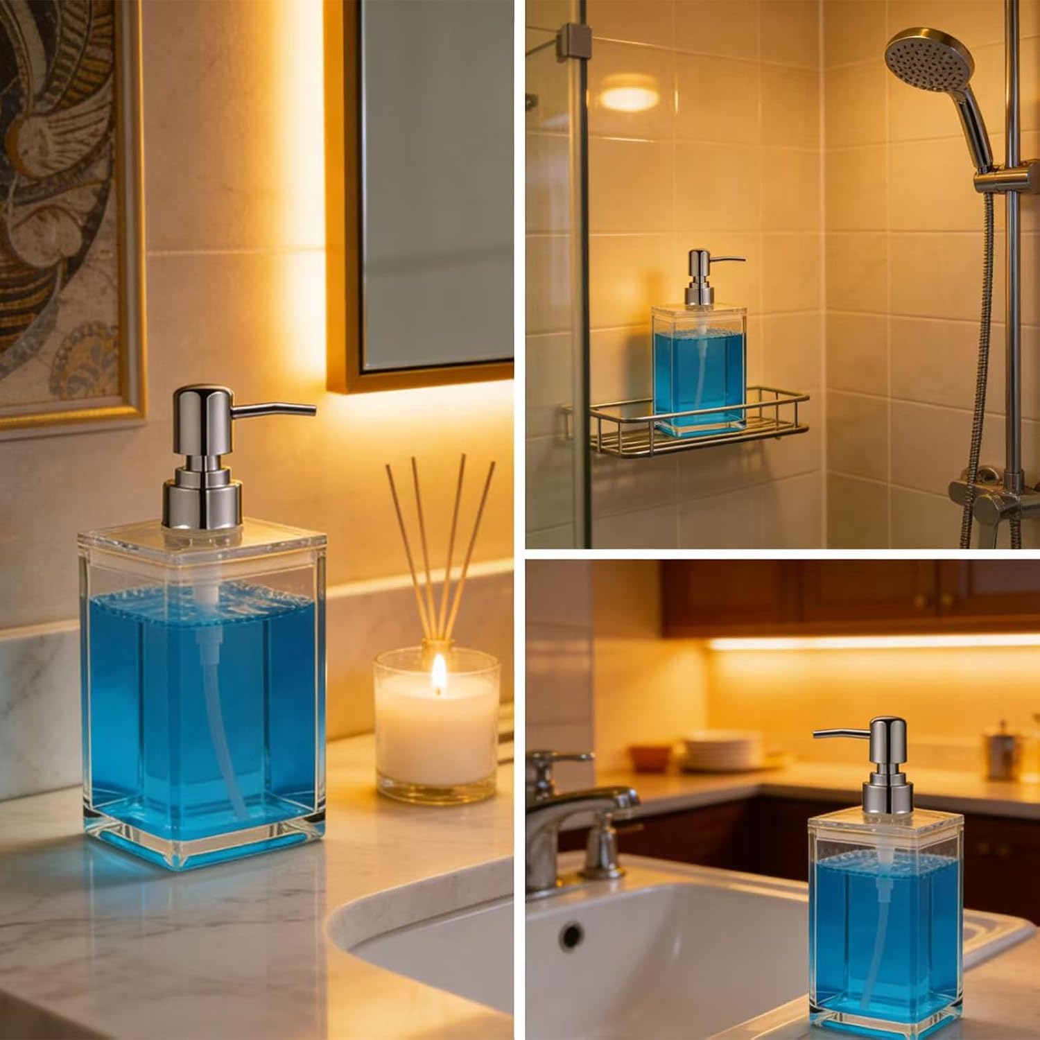 Acrylic Clear Soap Dispenser with Rust Proof Pump- 16.9 oz Square Hand Dish Soap Dispenser for Bathroom Kitchen, Modern Refillable Plastic Liquid Hand Soap Dispenser, Shampoo Detergent Bottle