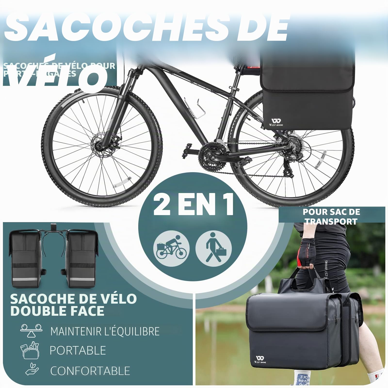 Sacoche de vélo pour porte-bagages, 36 l, étanche, double sacoche