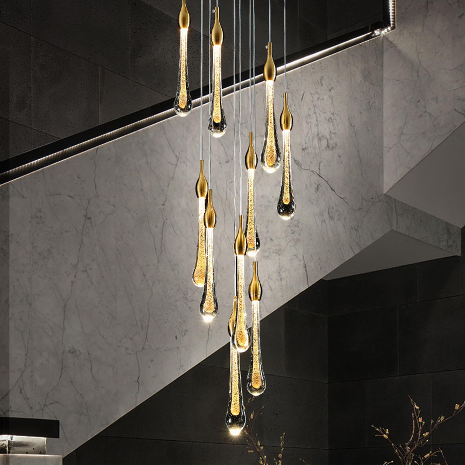 PCXEHUYP Chandeliers LED Chandelier Staircase Water Drop Pendant Lighting for Villa Duplex Long 12 Heads Friendship Years