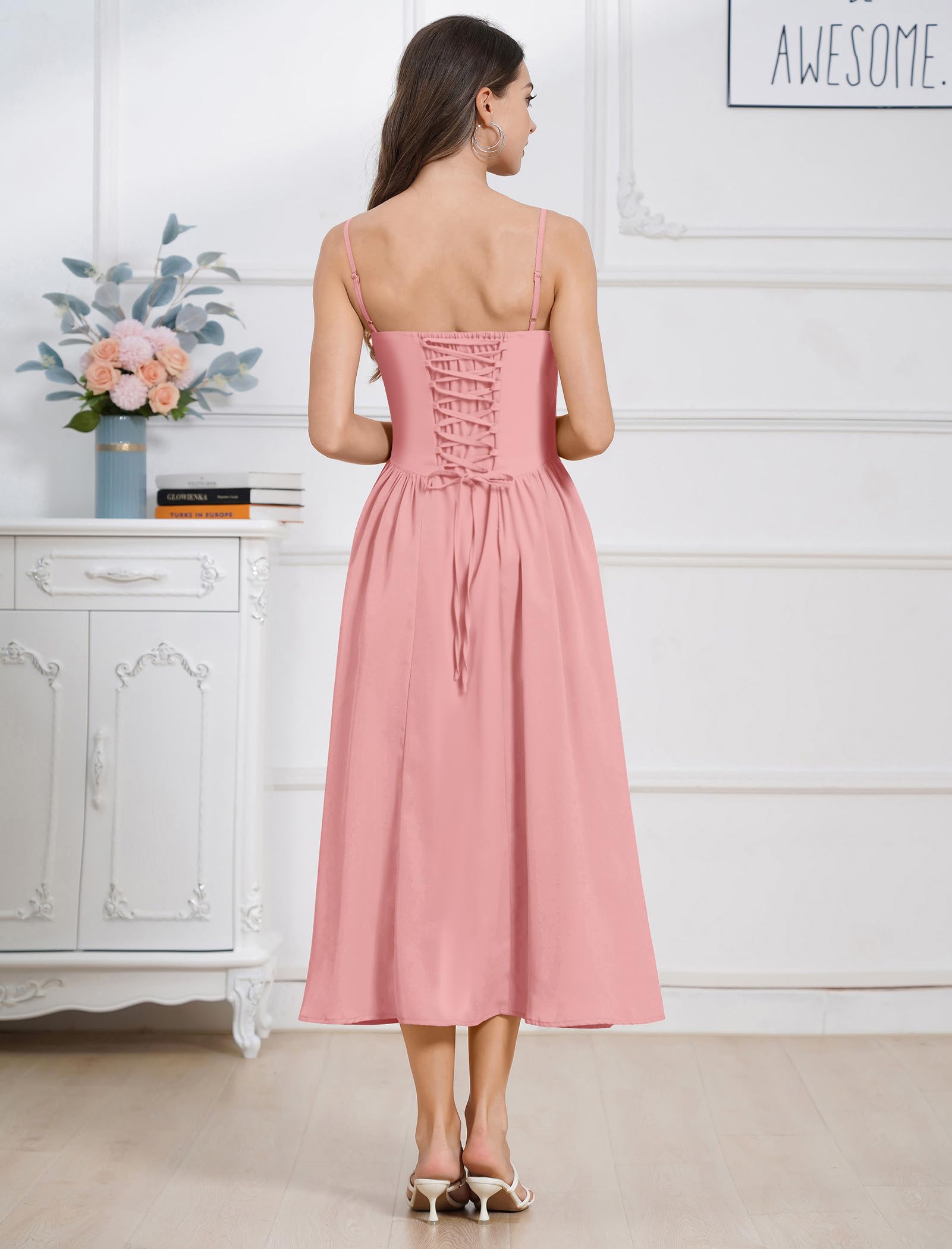 OMEWEE Sommerkleid Damen Sexy Ärmellos Spaghettiträger Freizeitkleid Böhmisch Maxikleid A-Linie Strandkleider mit Tasche