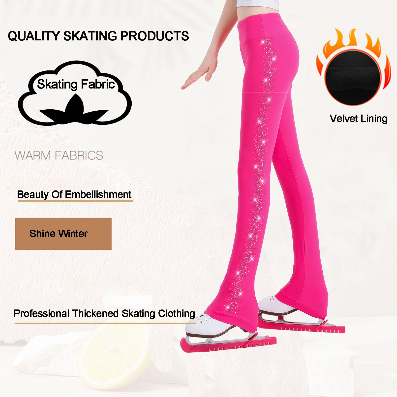 Pantaloni da Pattinaggio Artistico per Donne e Ragazze Pantaloni da Pattinaggio sul Ghiaccio con Fodera in Pile Leggings da Pattinaggio di Cristallo Abbigliamento Sportivo (Rosa XL)