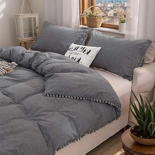 Miniatura 3 de Funda de edredón bohemia tamaño King, 3 piezas, estilo bohemio, ropa de cama moderna, color gris topo, ropa de cama para niñas, con flecos y