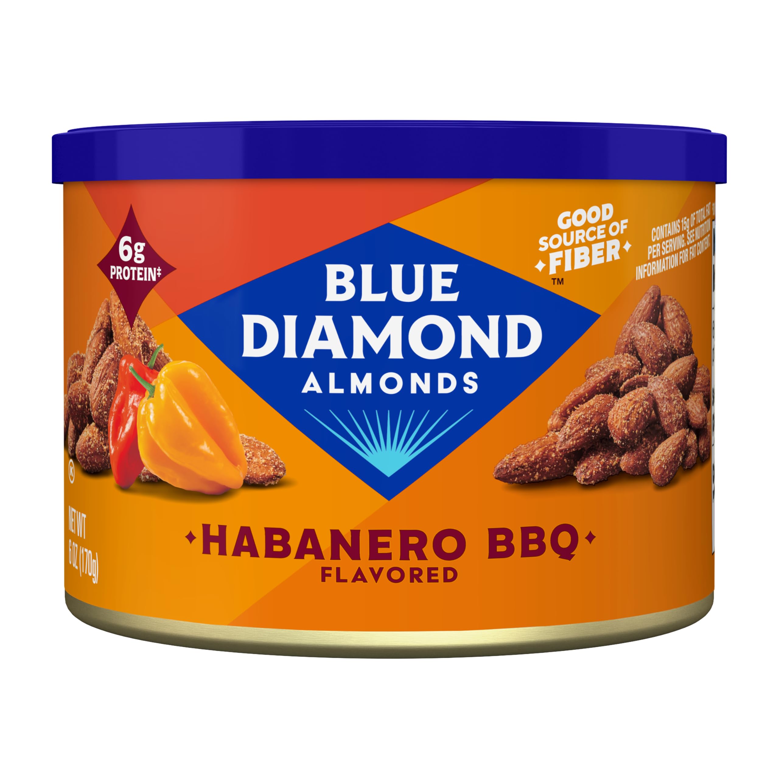 Blue Diamond Almonds, Habanero BBQ Flavored Snack Nut, Non-GMO, Kosher, No Gluten Ingredients, Protein Based Snacking Great For On-The-Go, Barbeques, Holidays, Events, and Lunch, 6 oz. Can