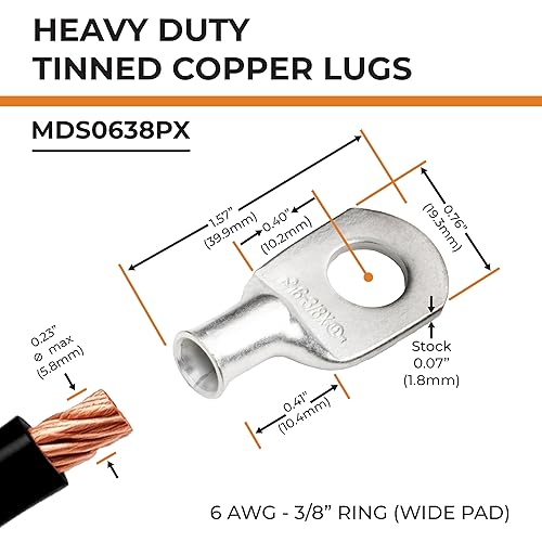 Miniatura 398 de SELTERM - Terminal en anillo de grado marino UL 2/0 AWG 3/8 pulgadas (25 uds) para batería, terminal tubular de cable eléctrico, conector calibre