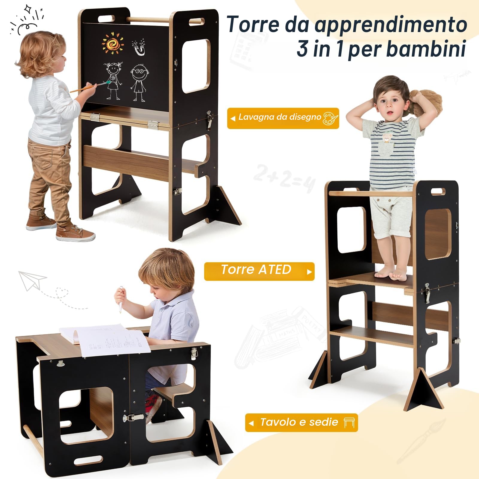 Labebe Torre di Apprendimento per Bambini Montessori 3 in 1 Pieghevole con Lavagna e Protezione Antiribaltamento Nero