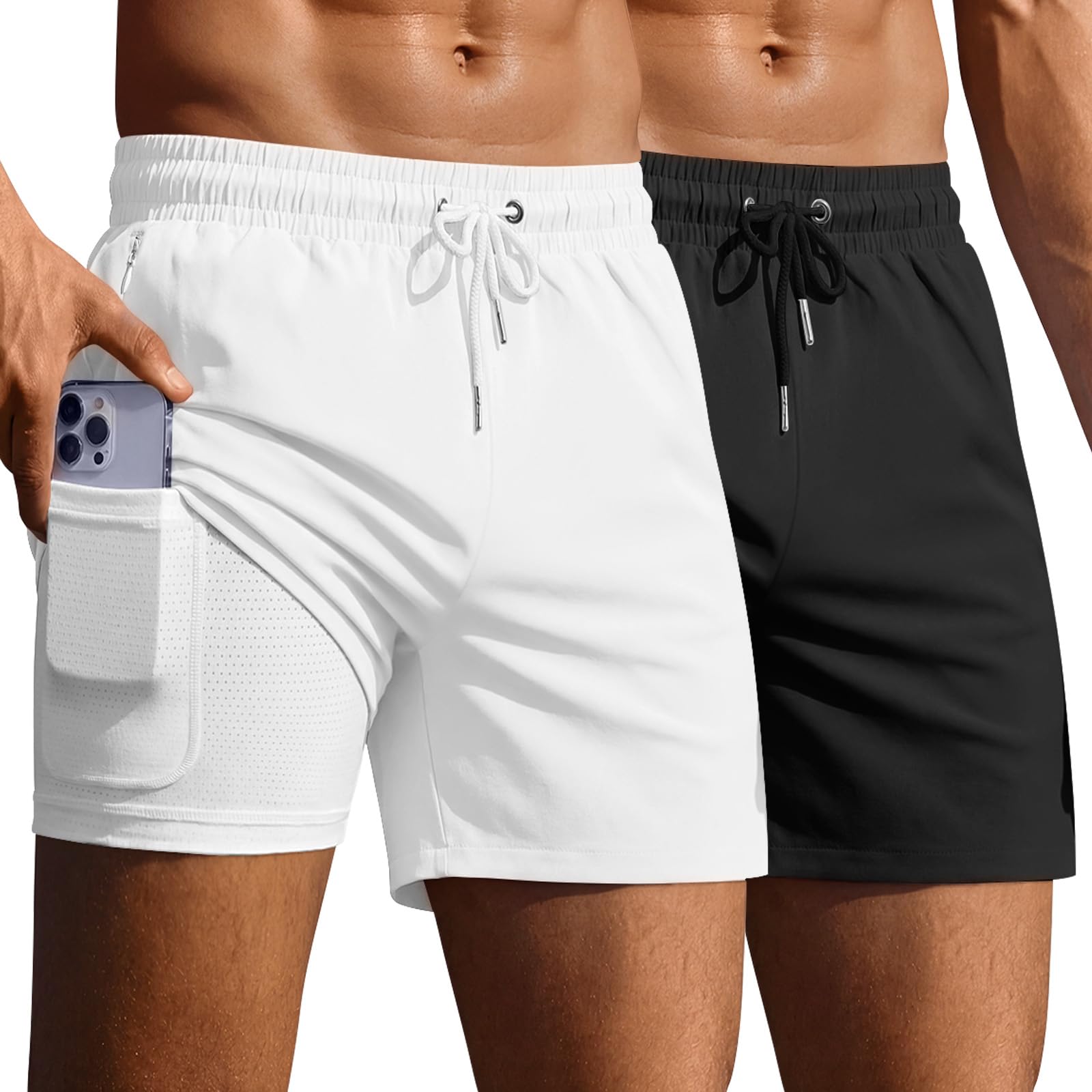 Ekouaer 2 Pack Men's Swim Trunks 5" with Compression Liner 2 in 1 Board Shorts Quick Dry Bathing Suit Swimwear Zipper Pocket — view 13