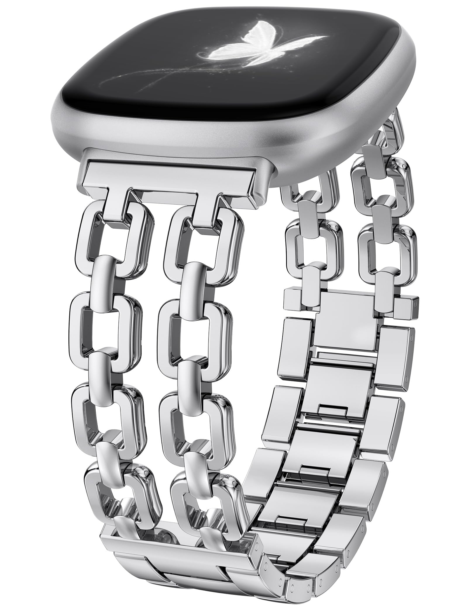 Wearlizer Metal Band Compatible with Fitbit Versa 4 Bands for Woman/Versa 3/Sense 2/Sense Bands Women, Dressy Chain Strap Designer Stainless Steel Bracelet Wristband Silver