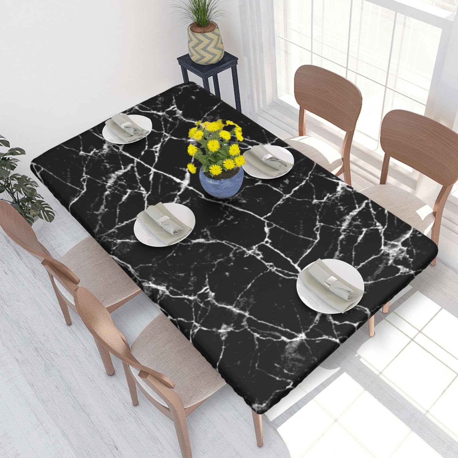 AUGUSTRUSH 4ft Elastic Edged Table Cover Black Marble Fitted Tablecloth For Rectangle Table, Waterproof Wipeable Table Cloth For Indoor Outdoor Dinning Room Parties And Picnics 122x76 Cm