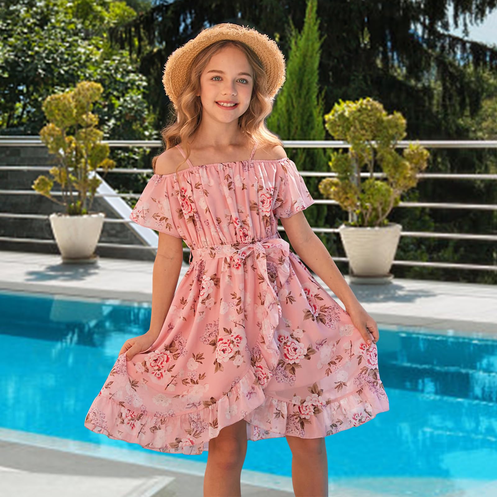 Lässig Kleider für Mädchen,Chiffon Blumenkleid Schulterfrei Sommerkleid mit Verstellbarem Riemen,Freizeit mit Rüschenärmel Ärmeln für Mädchen im Alter von 6 bis 14 Jahren